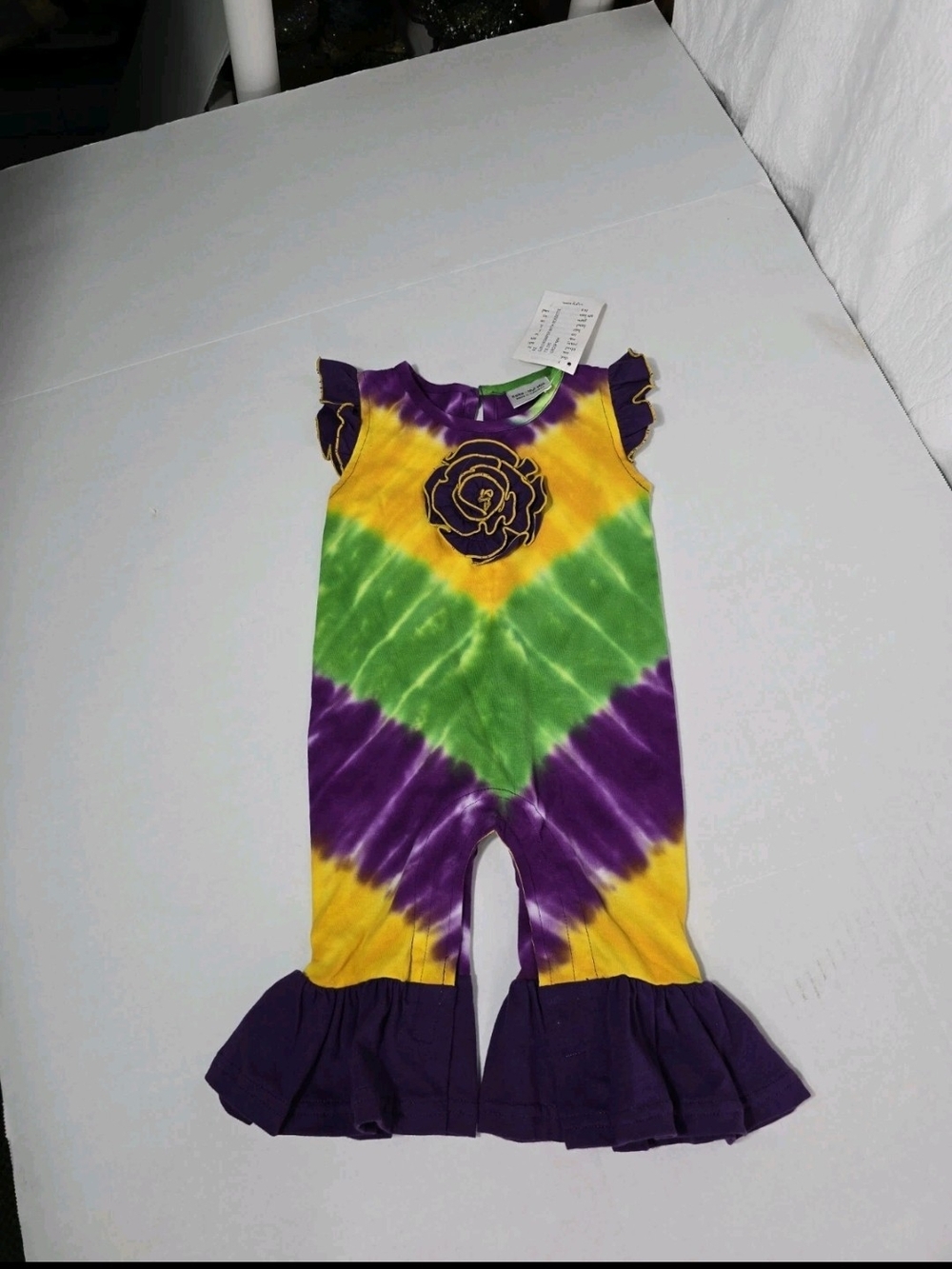 New W Tags Nut Milk Tie-Dye Ruffled Kids Romper in Purple, Green & Yellow